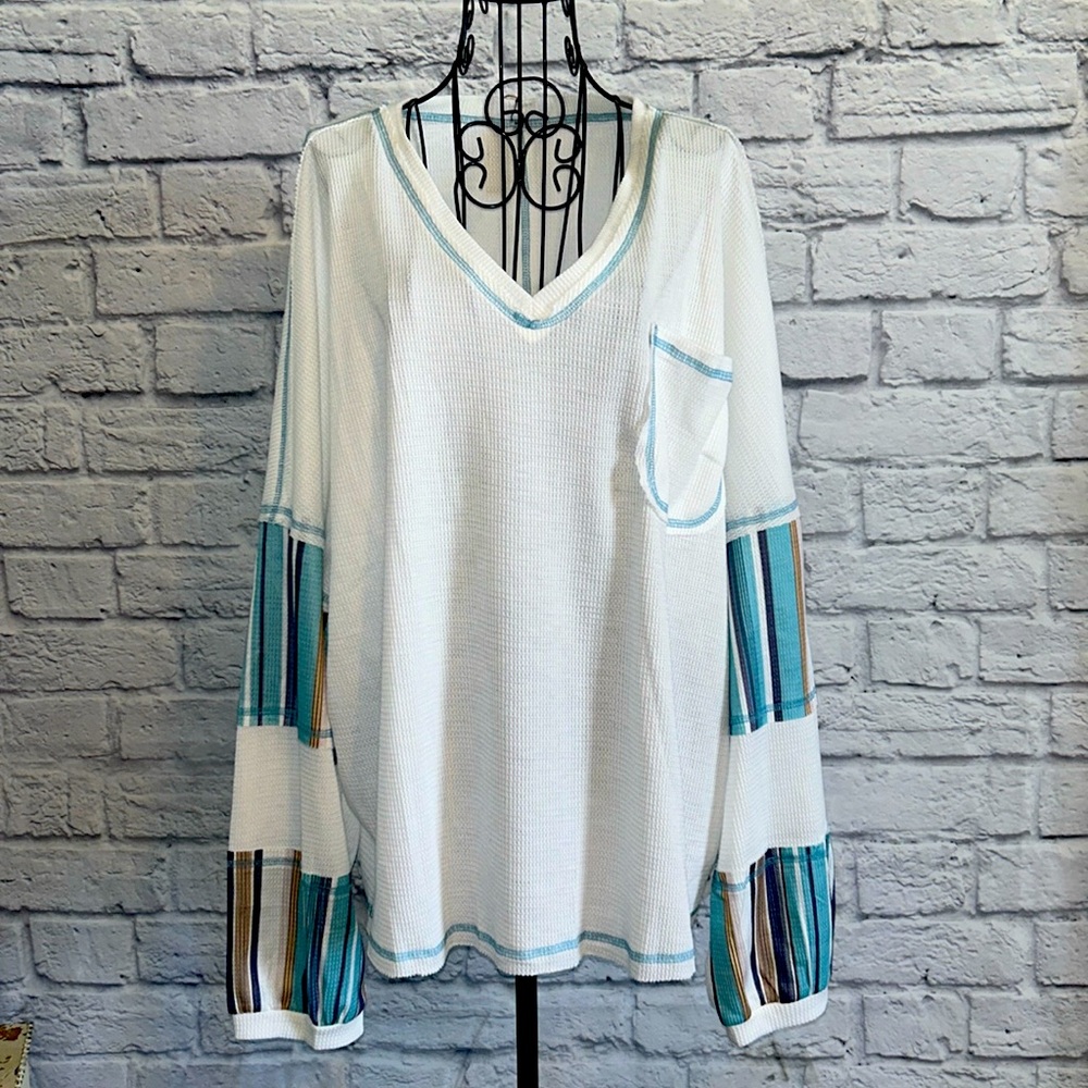 White & Blue/Green Striped Exposed Seam Patchwork Waffle Knit Top Size L  12-14